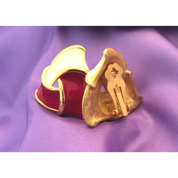 Vintage Bracelet Earring Set Red & Cream Enamel Gold Tone 9I - Picture 8 of 12